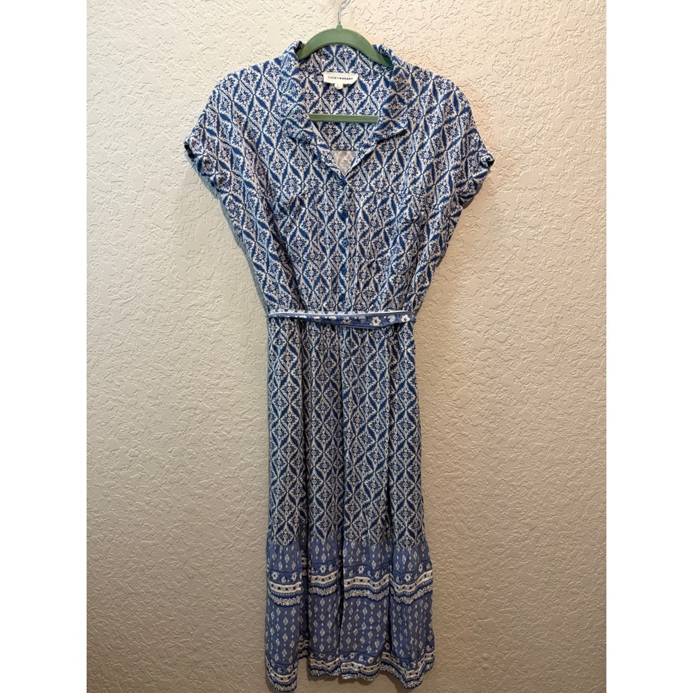 Lucky Brand Geometric Shirt Dress Large Blue Boho Midi Button Front